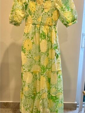 Lilly Pulitzer Hadly Smocked Maxi Dress S Mum Patch Yellow Green Floral